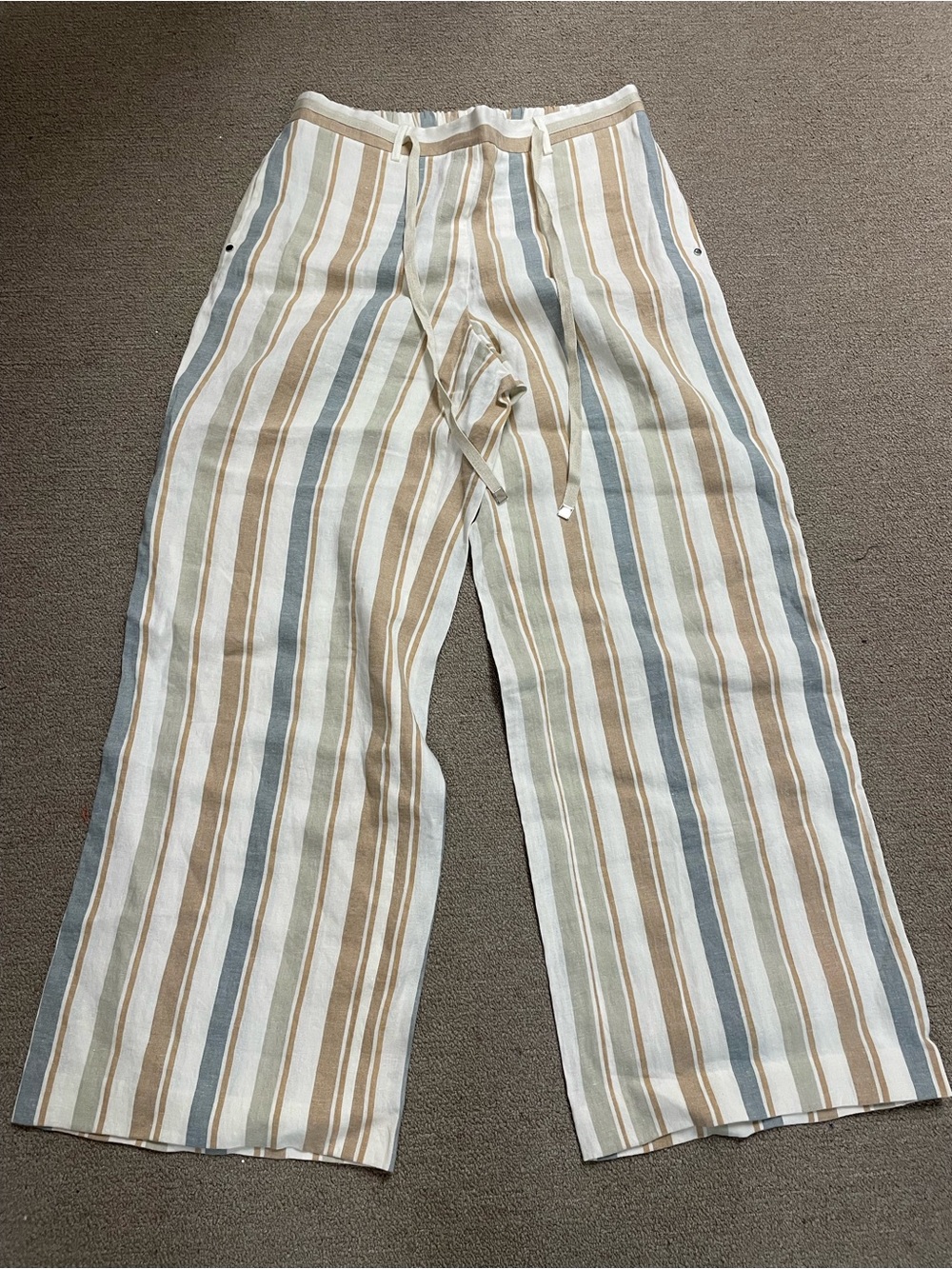 Lafayette 148 New York Wide-Leg Striped Linen Pants - Cream, Tan, Blue